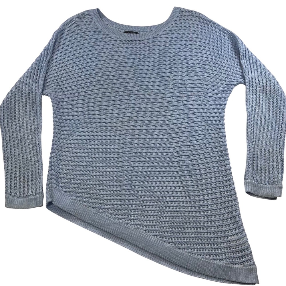 Apt 9 Womens Large Light Blue Metallic Open Knit Asymmetrical Hem Sweater L Chic